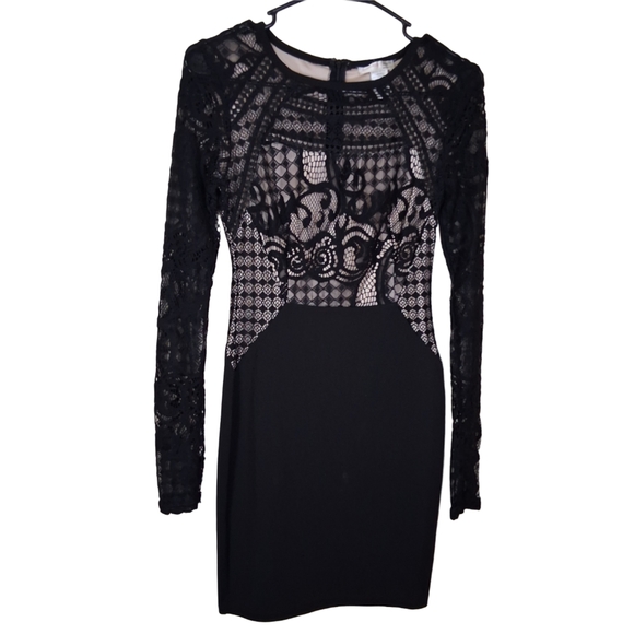 a'gaci Dresses & Skirts - a'gaci Black Long-Sleeve Lace Sheer Panel Bodycon Dress
